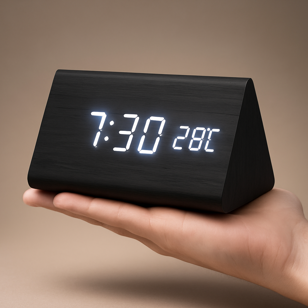 Digitale LED Klok Hout Driehoek Modern Design Wekker USB Dimbaar Display Tafelklok Slaapkamer Kantoor | Sansoti