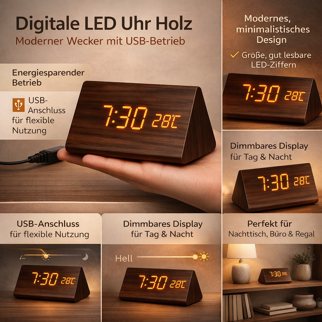 Digitale LED Klok Hout Driehoek Modern Design Wekker USB Dimbaar Display Tafelklok Slaapkamer Kantoor | Sansoti
