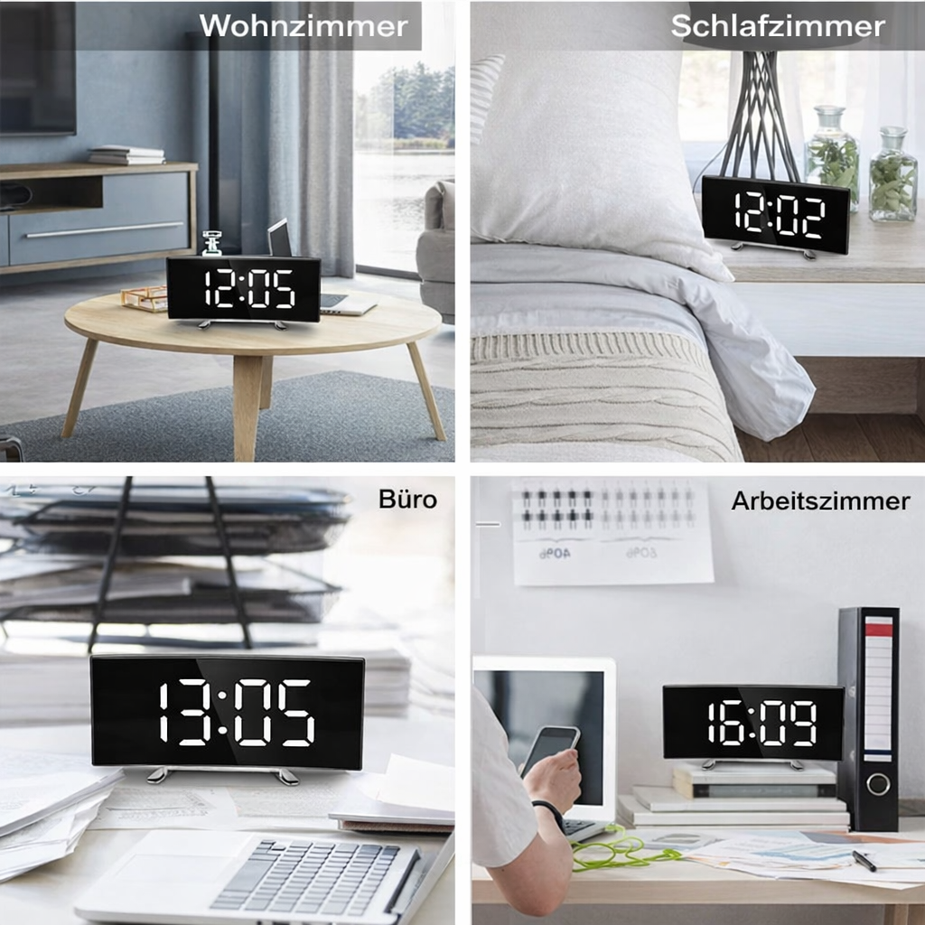 Digitale LED Spiegelwekker met Gebogen Display en Automatische Dimfunctie | CurveClock | Moderne Wekker met Dag- en Nachtmodus voor Slaapkamer en Kantoor | Sansoti