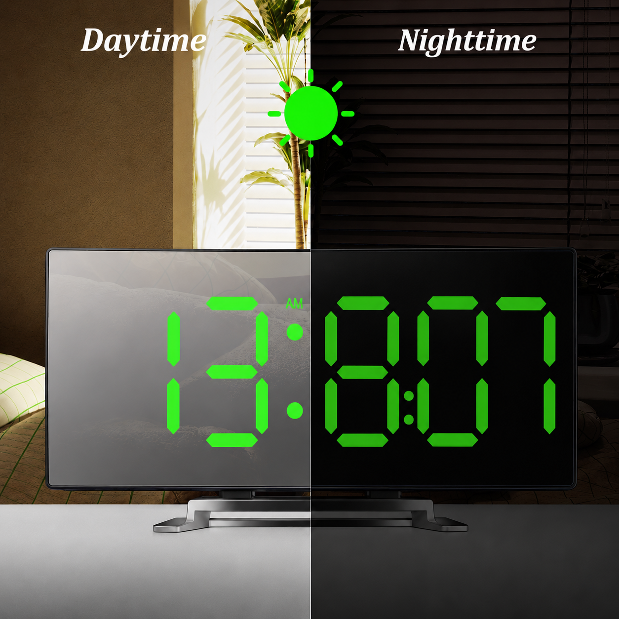 Digitale LED Spiegelwekker met Gebogen Display en Automatische Dimfunctie | CurveClock | Moderne Wekker met Dag- en Nachtmodus voor Slaapkamer en Kantoor | Sansoti