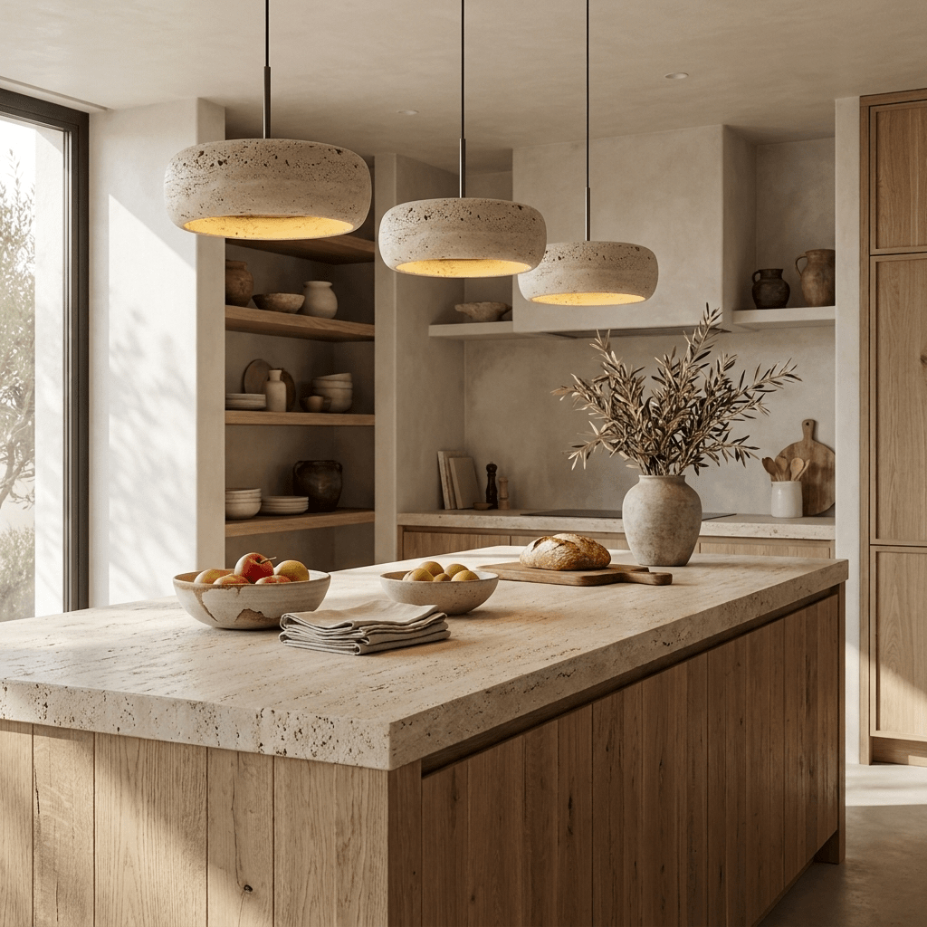 Travertin-Pendelleuchte in Donut-Form mit integrierter LED, warmweiß, dimmbar, Naturstein-Design, stimmungsvolle Beleuchtung | Sansoti