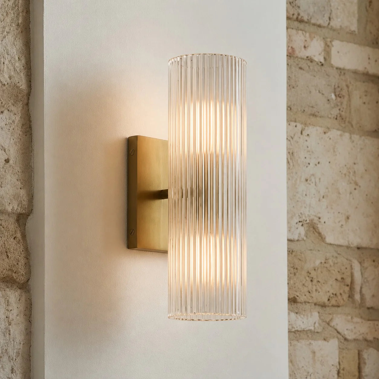 Cilindervormige wandlamp met natuurlijk albast of geribde glazen kap Brons Nikkel Messing | Sansoti