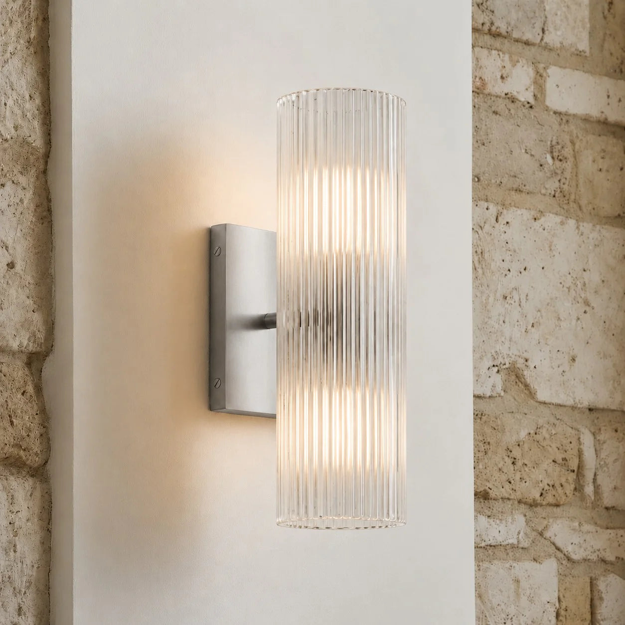 Cilindervormige wandlamp met natuurlijk albast of geribde glazen kap Brons Nikkel Messing | Sansoti