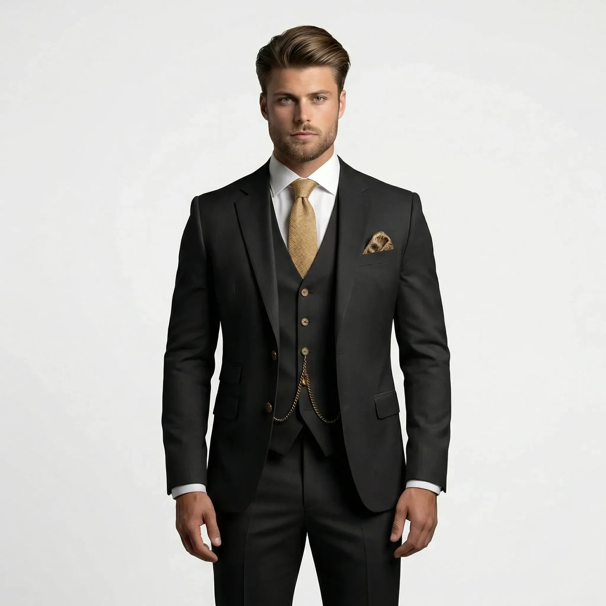 Trzyczęściowy garnitur slim fit dla mężczyzn z marynarką, kamizelką i spodniami, na formalne okazje biznesowe i ślub | Sansoti