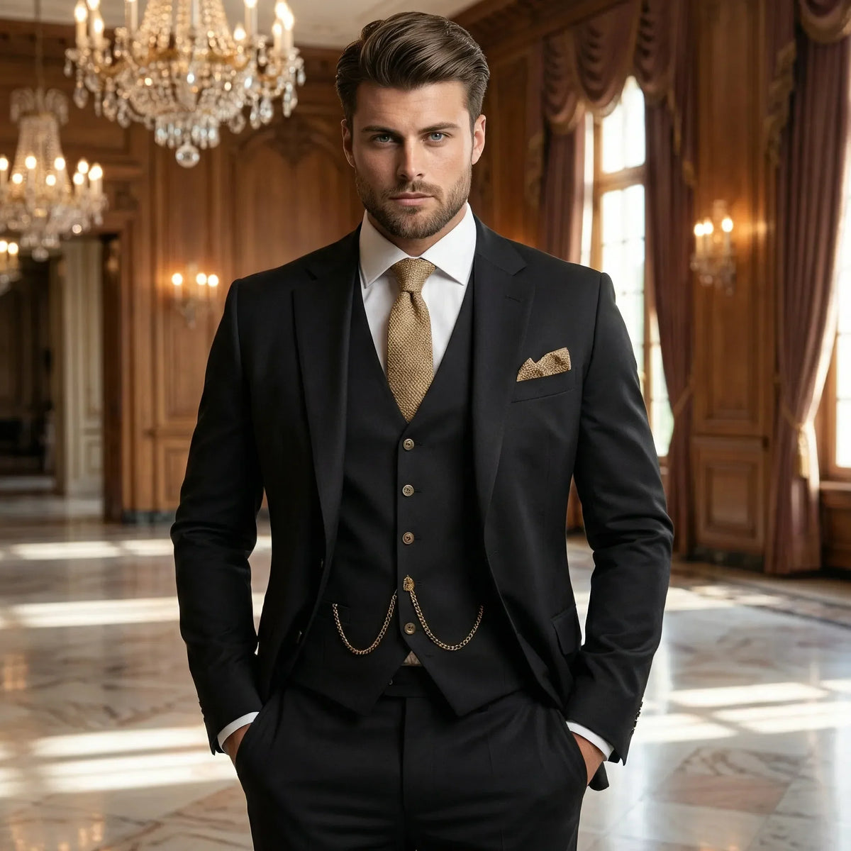 Trzyczęściowy garnitur slim fit dla mężczyzn z marynarką, kamizelką i spodniami, na formalne okazje biznesowe i ślub | Sansoti