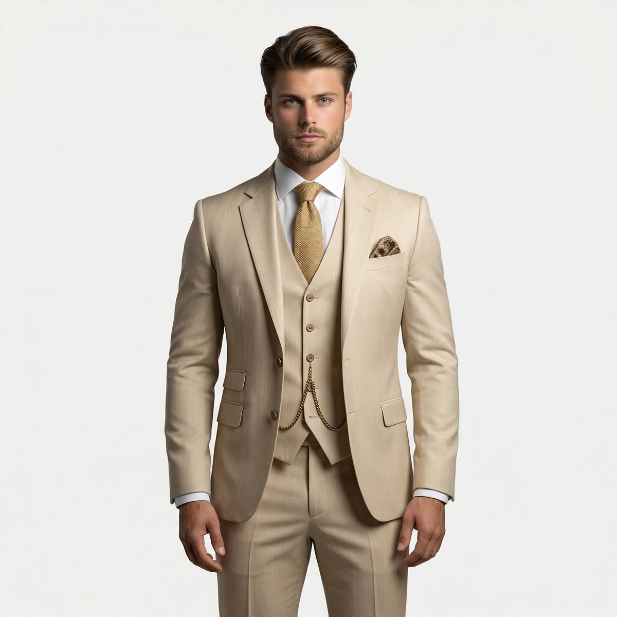 Trzyczęściowy garnitur slim fit dla mężczyzn z marynarką, kamizelką i spodniami, na formalne okazje biznesowe i ślub | Sansoti