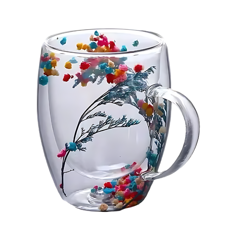 Dubbelwandige Cappuccinokop met Droogbloemen 300ml Glas Thermische Isolatie Ergonomische Greep Koffiekop | Sansoti