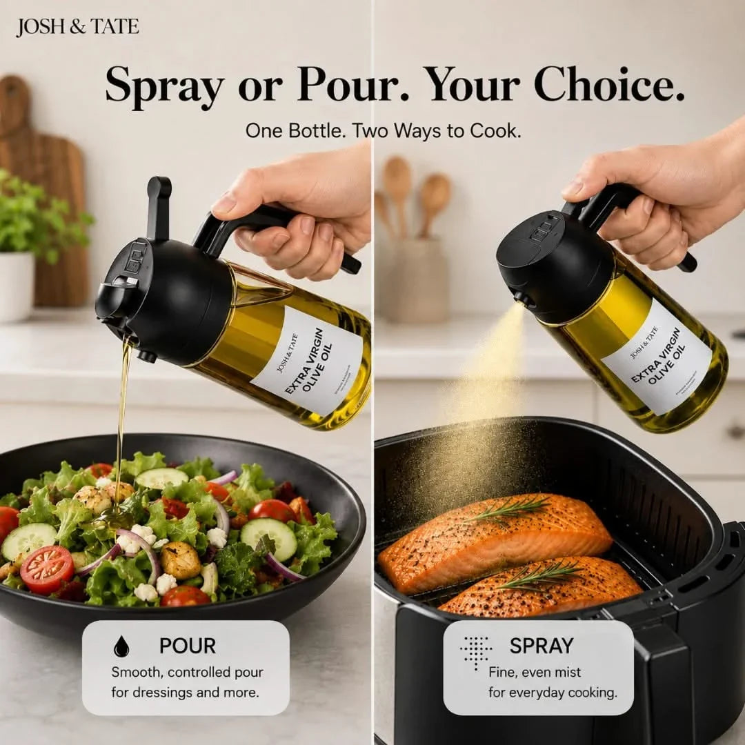 Verstuiver Oliefles met Dubbele Functie Spray Dispenser voor Keuken Kookplaat Bakken Braden Salade 470ml | Sansoti