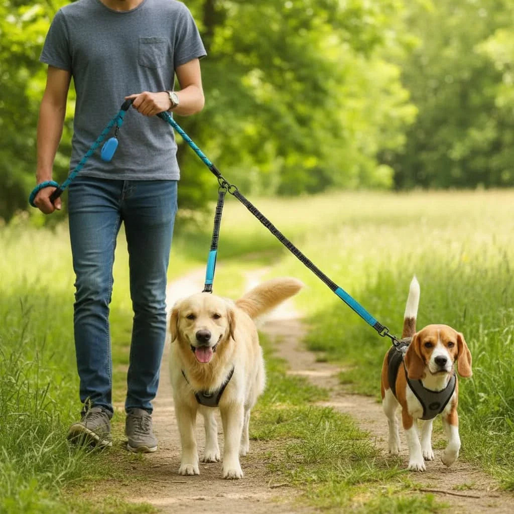 Laisse double pour chiens avec émerillon à 360°, amortissement des chocs et éléments réfléchissants, pour promener deux chiens en toute liberté | Sansoti