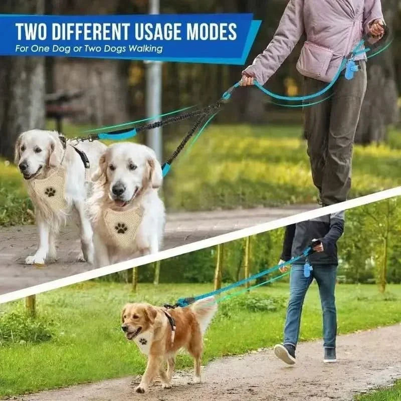 Laisse double pour chiens avec émerillon à 360°, amortissement des chocs et éléments réfléchissants, pour promener deux chiens en toute liberté | Sansoti