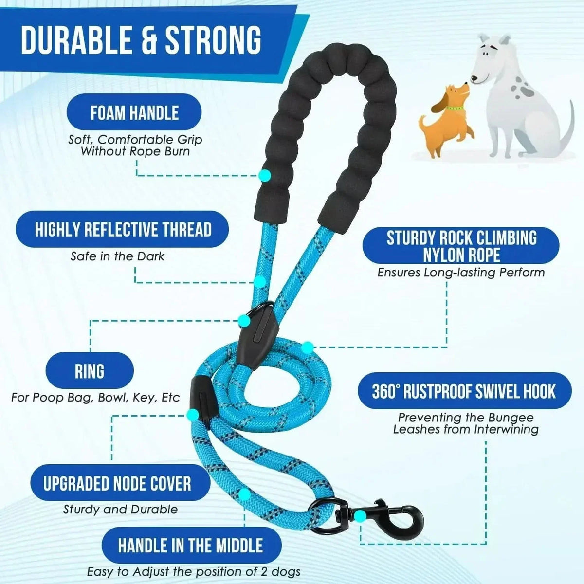 Laisse double pour chiens avec émerillon à 360°, amortissement des chocs et éléments réfléchissants, pour promener deux chiens en toute liberté | Sansoti