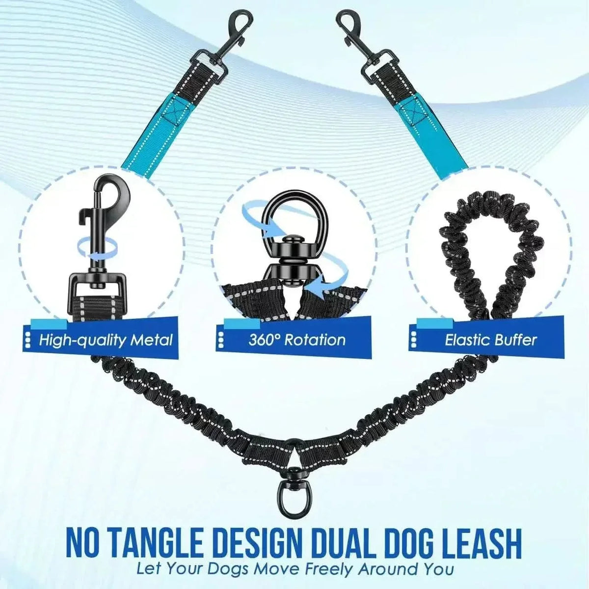 Laisse double pour chiens avec émerillon à 360°, amortissement des chocs et éléments réfléchissants, pour promener deux chiens en toute liberté | Sansoti