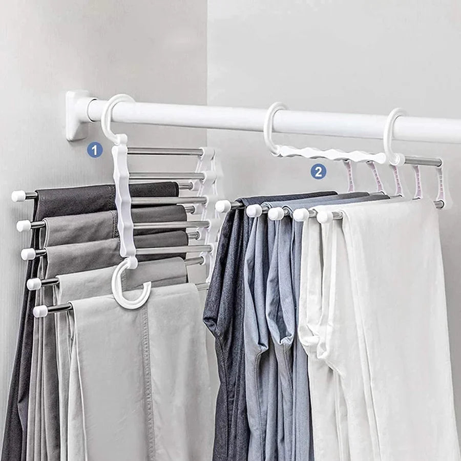Foldable Clothes Hanger 5-in-1, Space-Saving, Adjustable, Stainless Steel, White Black, Wardrobe Organization | Sansoti