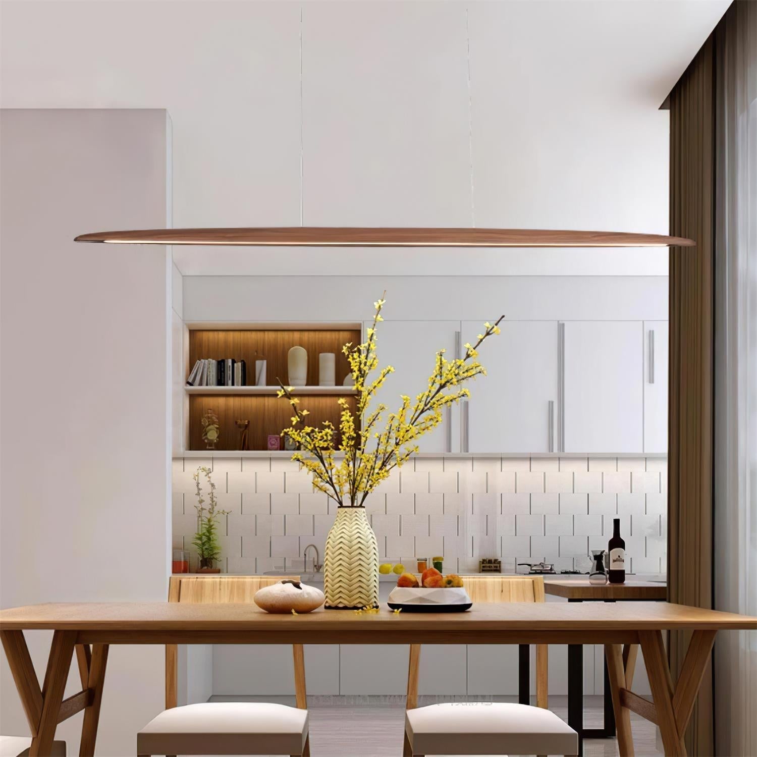 LED hanglamp hout lineair warm wit eettafel woonkamer kantoor minimalistisch Japandi design dimbaar keuken eiland verlichting | Sansoti
