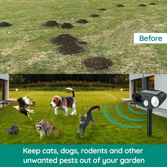 Dierenverjager op Zonne-Energie met Bewegingssensor Ultrasoon Geluid Tuinbescherming tegen Katten Ratten | Sansoti