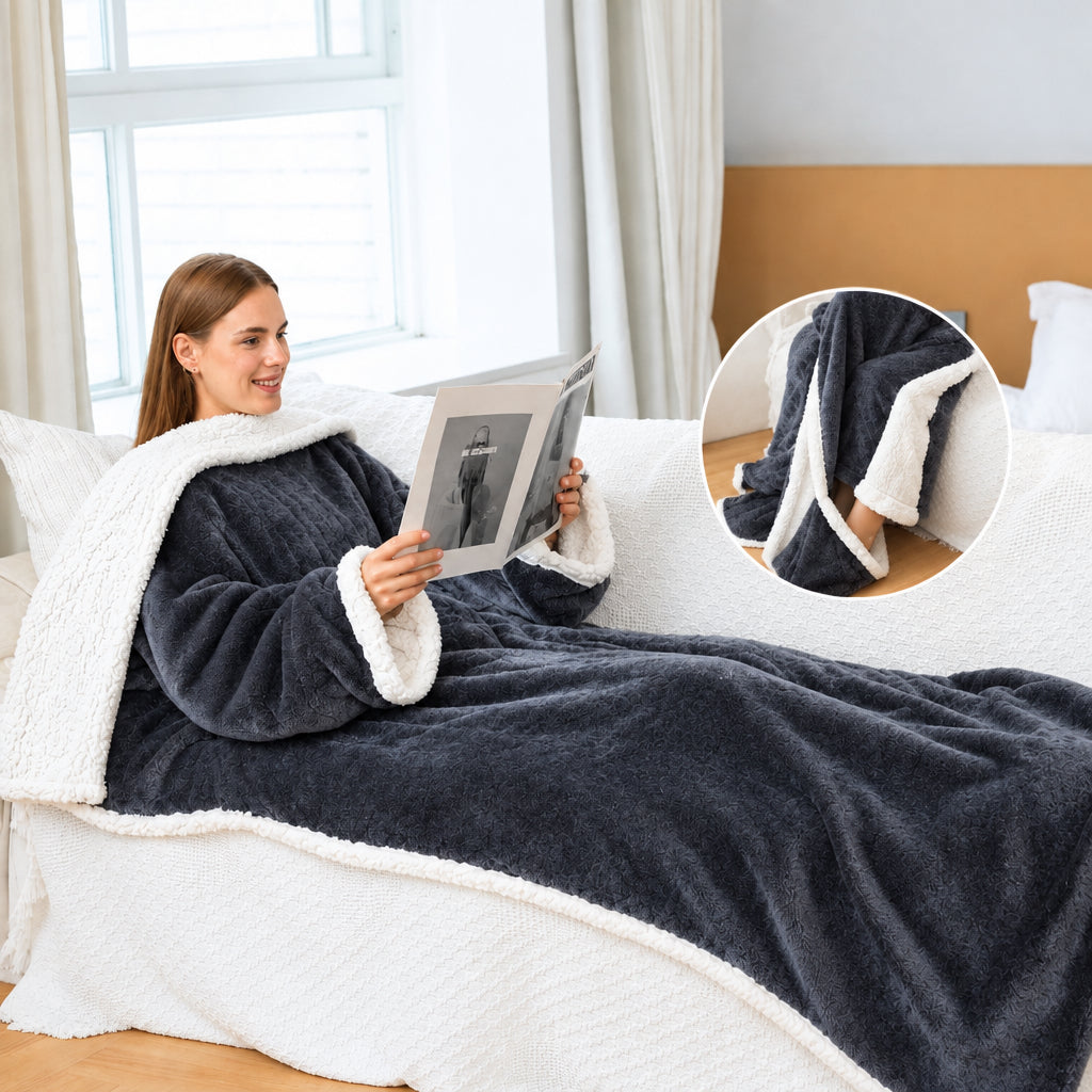 Tragbare Sherpa-Decke mit Ärmeln und Fußtasche für ultimativen Entspannungskomfort zu Hause, Winter-Lounge zum Relaxen | Sansoti