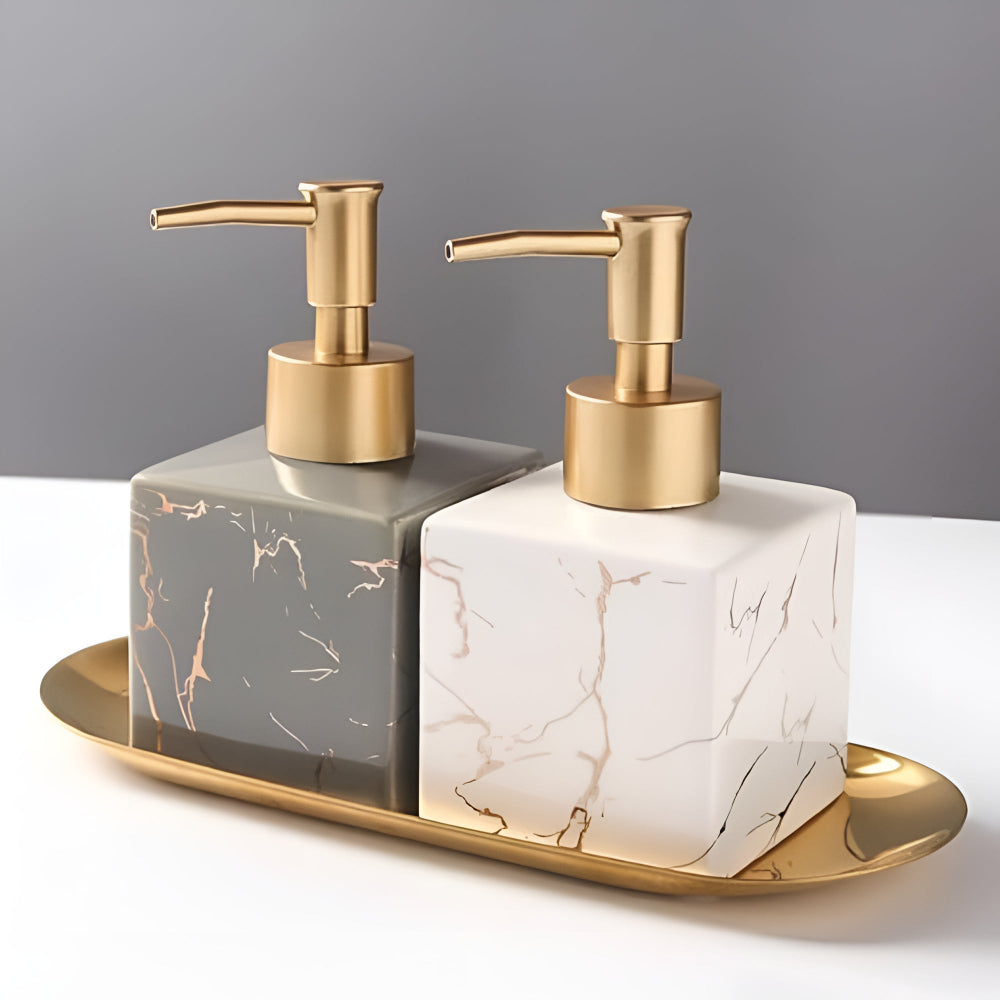 Zeeppompje Keramiek Marmer Finish Gouden Pomp 300ml Badkamer Keuken | Zeep Dispenser Marmerlook Aanrecht Countertop Handzeep Lotion | Sansoti