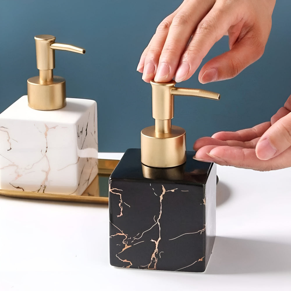 Zeeppompje Keramiek Marmer Finish Gouden Pomp 300ml Badkamer Keuken | Zeep Dispenser Marmerlook Aanrecht Countertop Handzeep Lotion | Sansoti