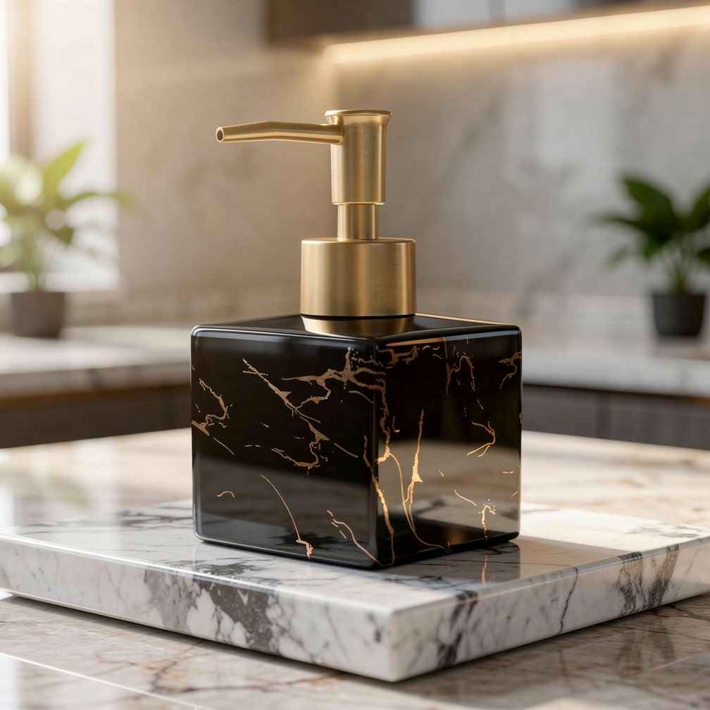 Zeeppompje Keramiek Marmer Finish Gouden Pomp 300ml Badkamer Keuken | Zeep Dispenser Marmerlook Aanrecht Countertop Handzeep Lotion | Sansoti