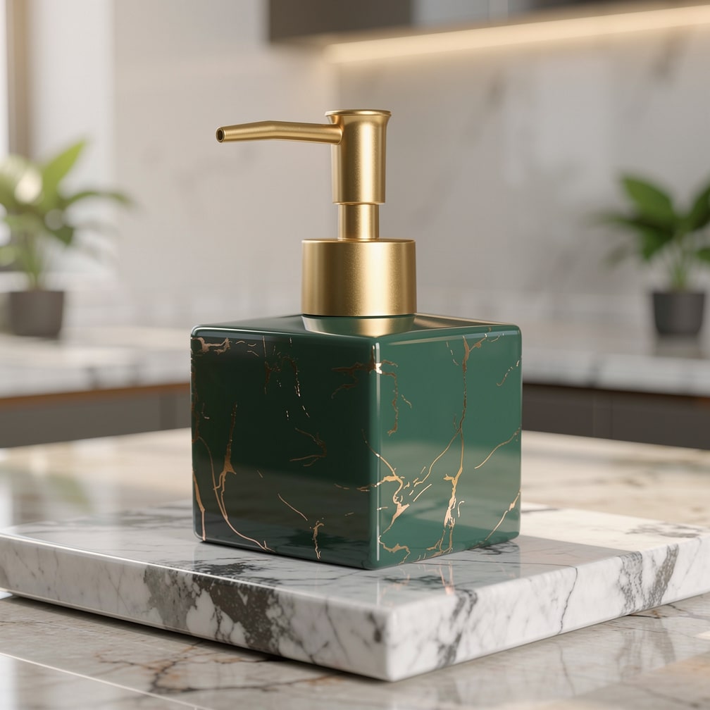 Zeeppompje Keramiek Marmer Finish Gouden Pomp 300ml Badkamer Keuken | Zeep Dispenser Marmerlook Aanrecht Countertop Handzeep Lotion | Sansoti