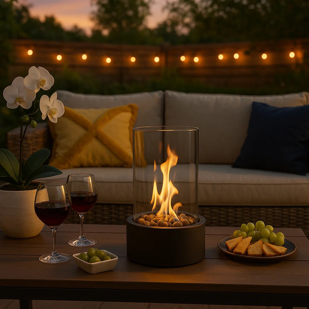 Chauffage de table au bioéthanol avec panneaux en verre, portable, au design moderne, éclairage d’ambiance pour intérieur | Sansoti