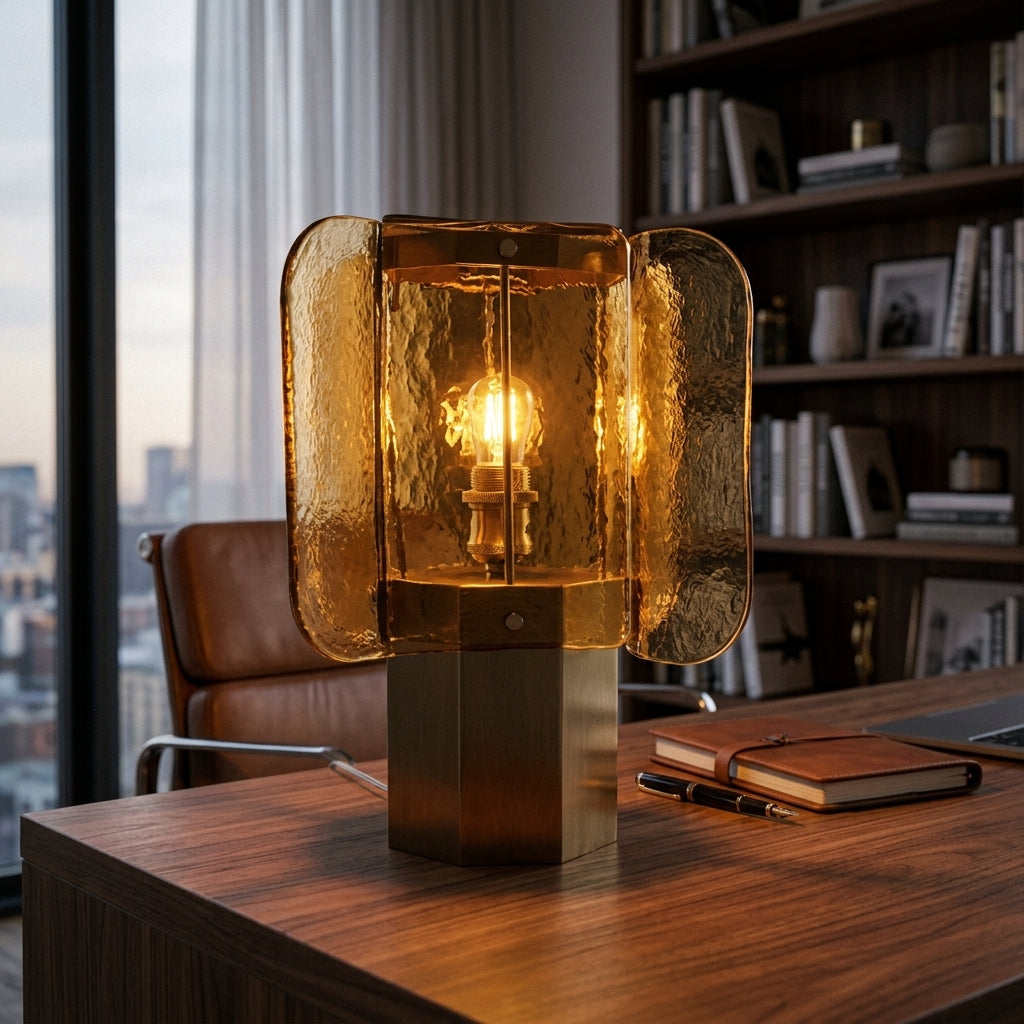 Glazen Tafellamp met Amberkleurige Panelen en Koperaccent — Warme Sfeerverlichting | Sansoti