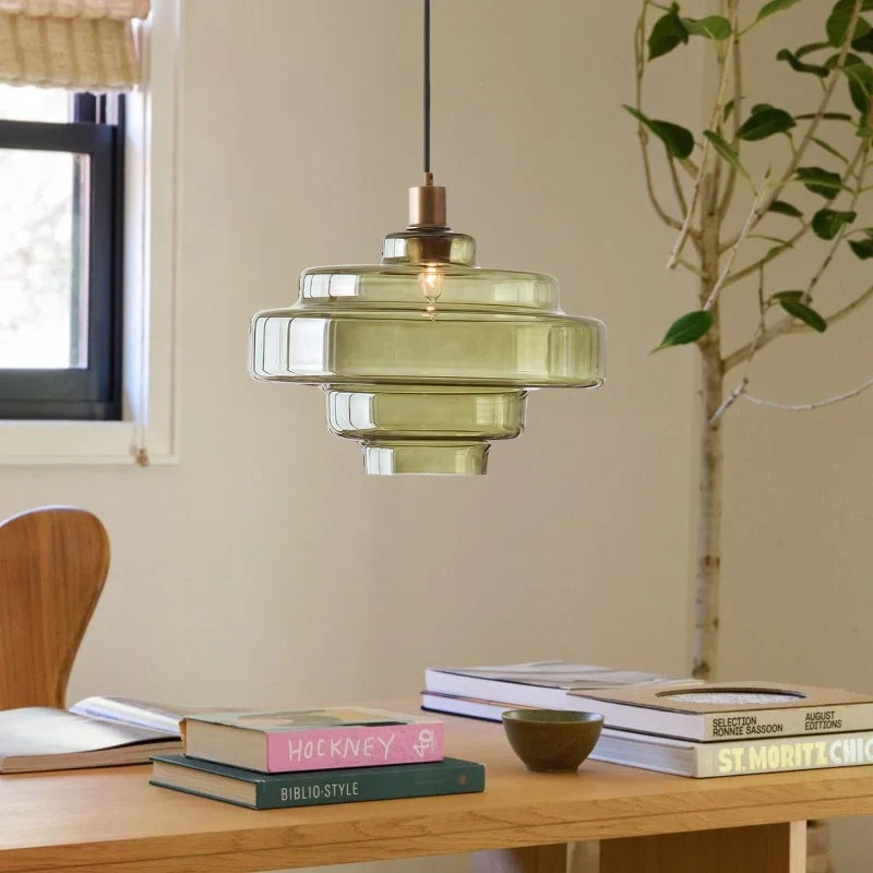 Gelaagde Glazen Hanglamp – Modern Design met Glanzende Afwerking – Groen, Amber, Rookgrijs, Roze | Sansoti