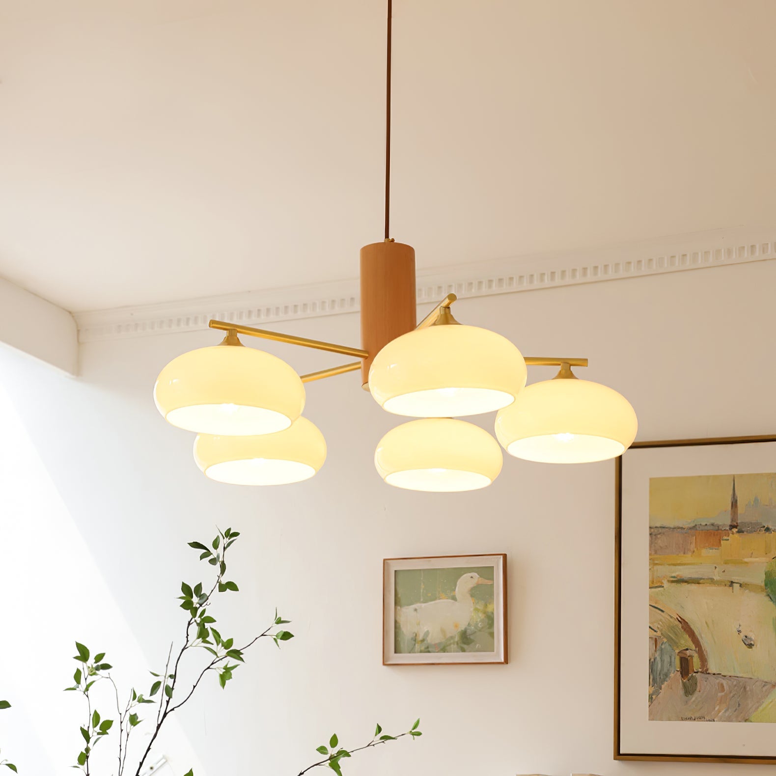 Ovale Design Kroonluchter Met Glazen Kappen En Messing Details Voor Woonkamer En Eetkamer | Sansoti