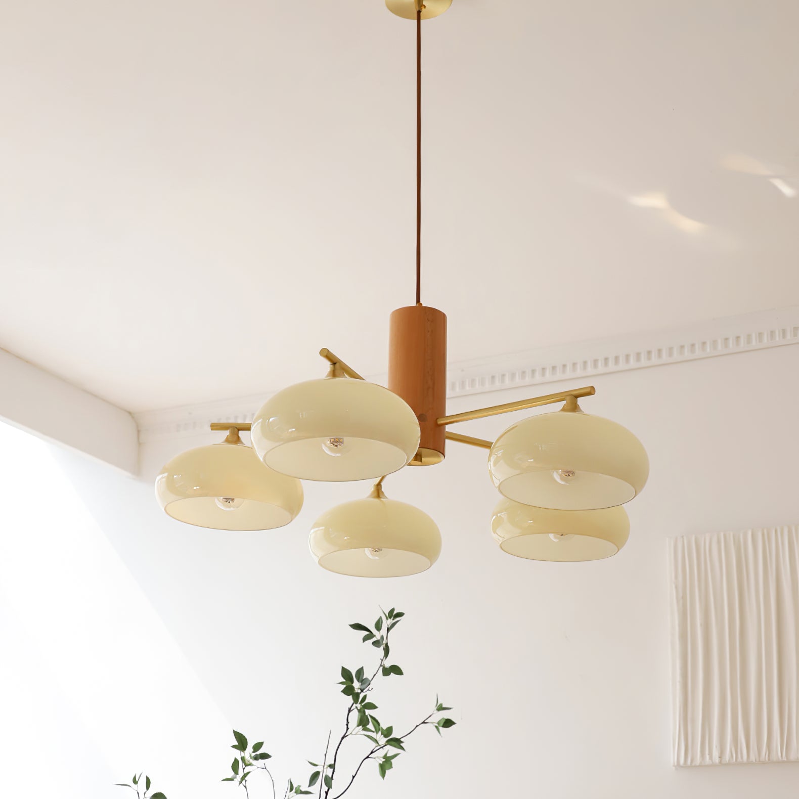Ovale Design Kroonluchter Met Glazen Kappen En Messing Details Voor Woonkamer En Eetkamer | Sansoti