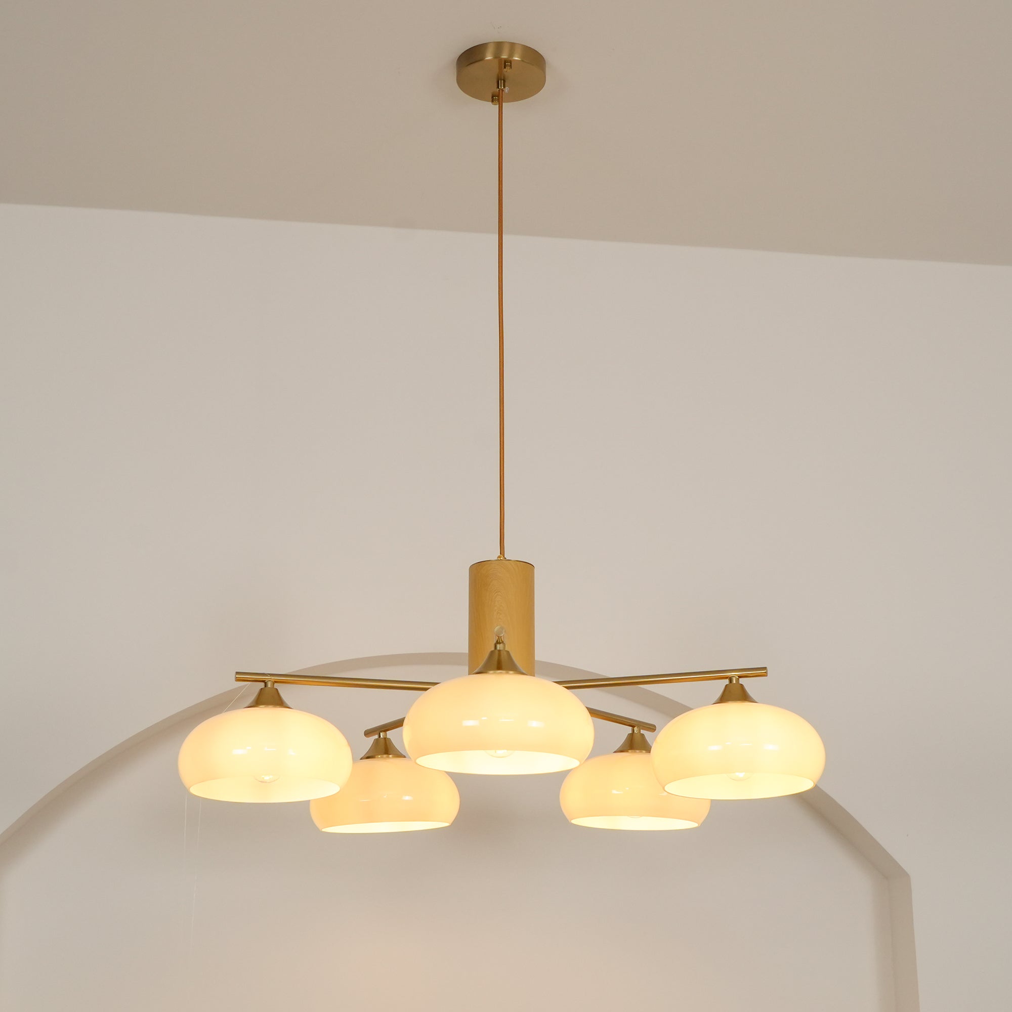 Ovale Design Kroonluchter Met Glazen Kappen En Messing Details Voor Woonkamer En Eetkamer | Sansoti