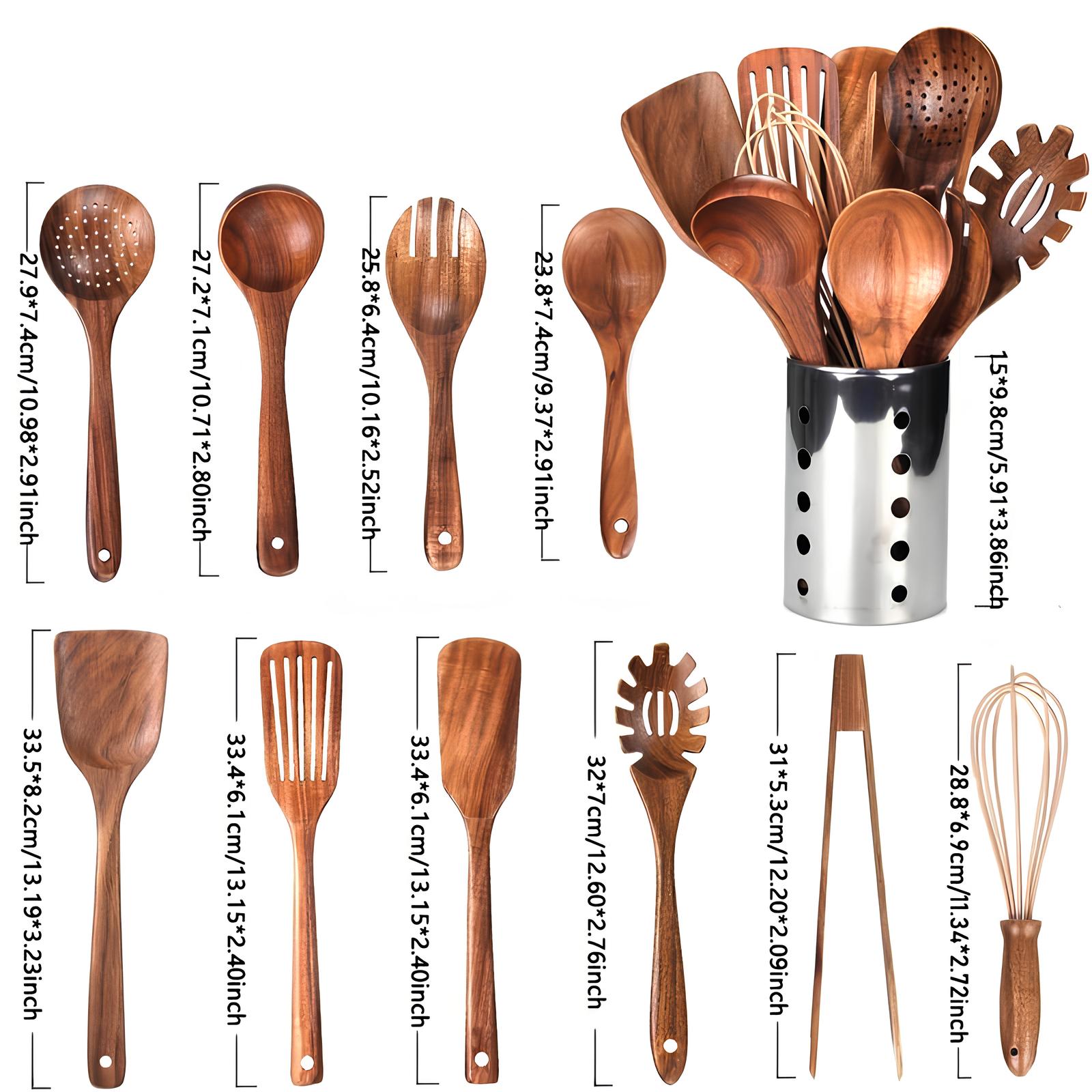 Houten Keukengerei Set 11-delig met Houder Teakhout Natuurlijk Scandinavisch Kookbestek Spatel Lepel | Sansoti
