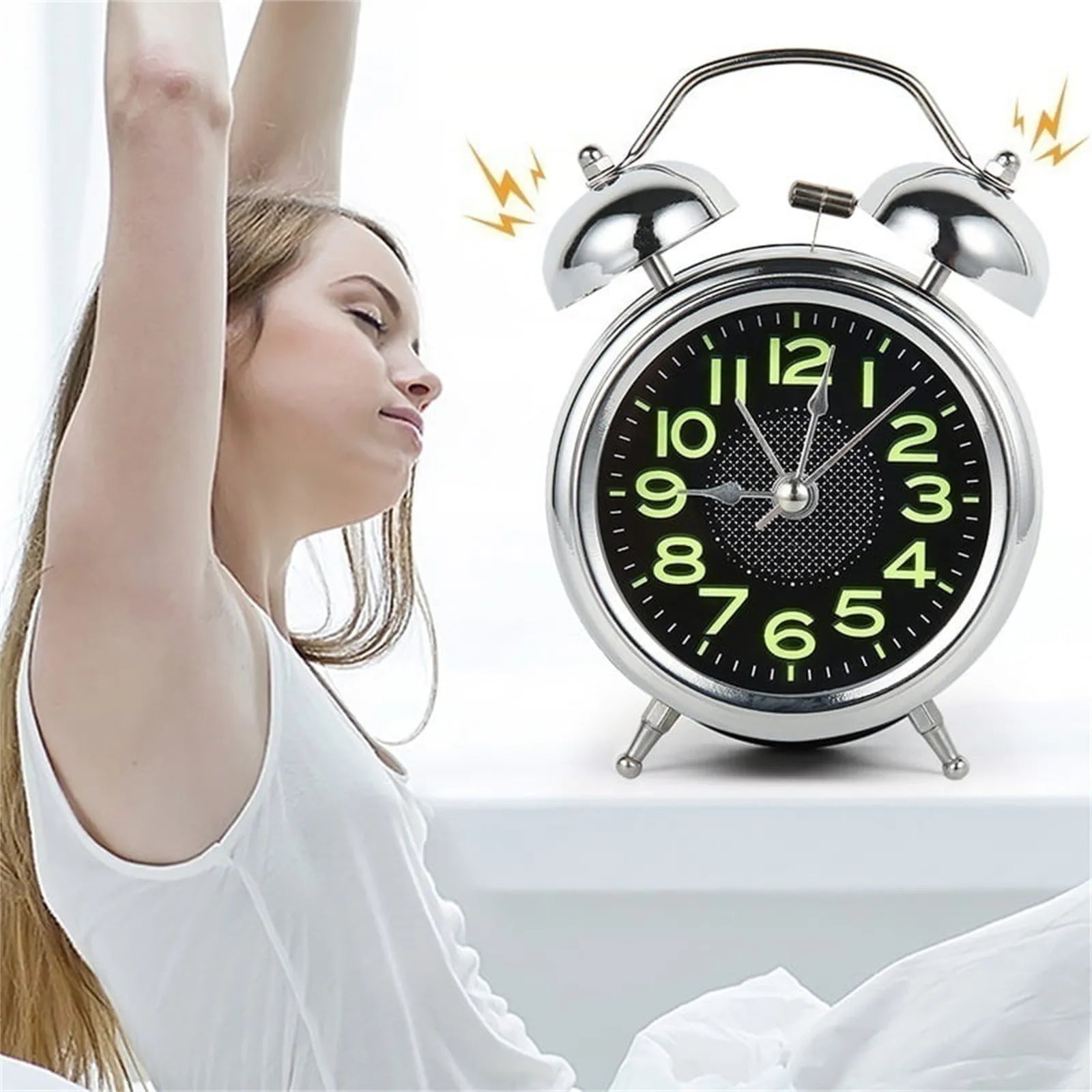 Extra Luide Retro Wekker met Dubbele Bel voor Diepe Slapers – Stille Quartz Beweging & Nachtlampje 10cm | Sansoti
