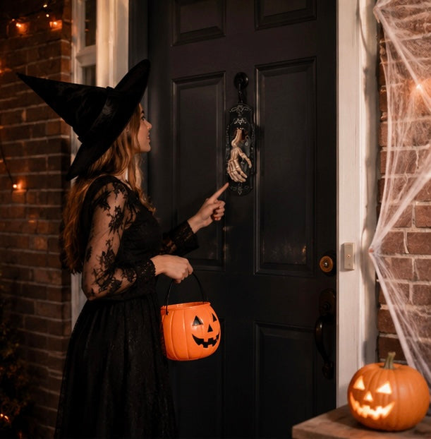 Décoration de sonnette Halloween en forme de main de squelette avec son, détecteur de mouvement et éclairage LED rouge pour une entrée effrayante | Sansoti