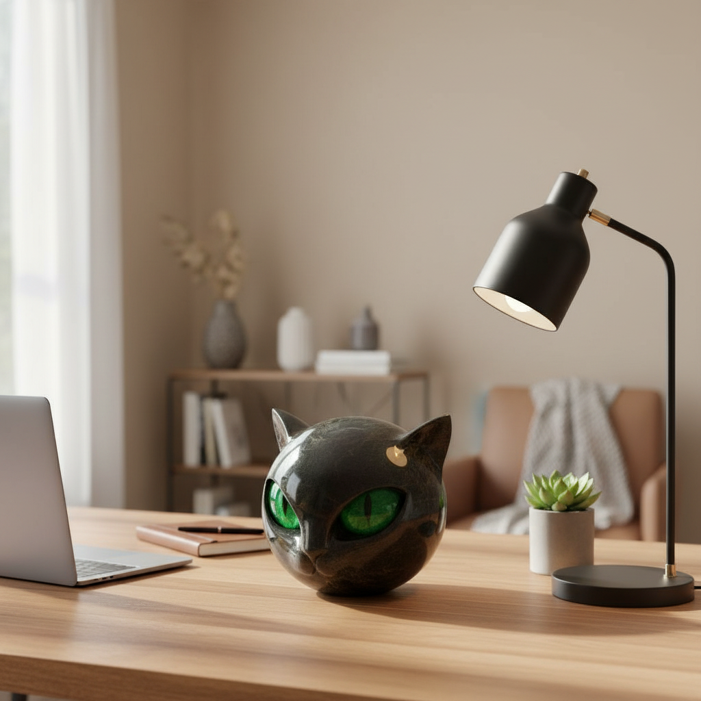 Decoratieve Kattenkop Sculptuur – Glanzende Afwerking met Hypnotiserende Ogen | Sansoti