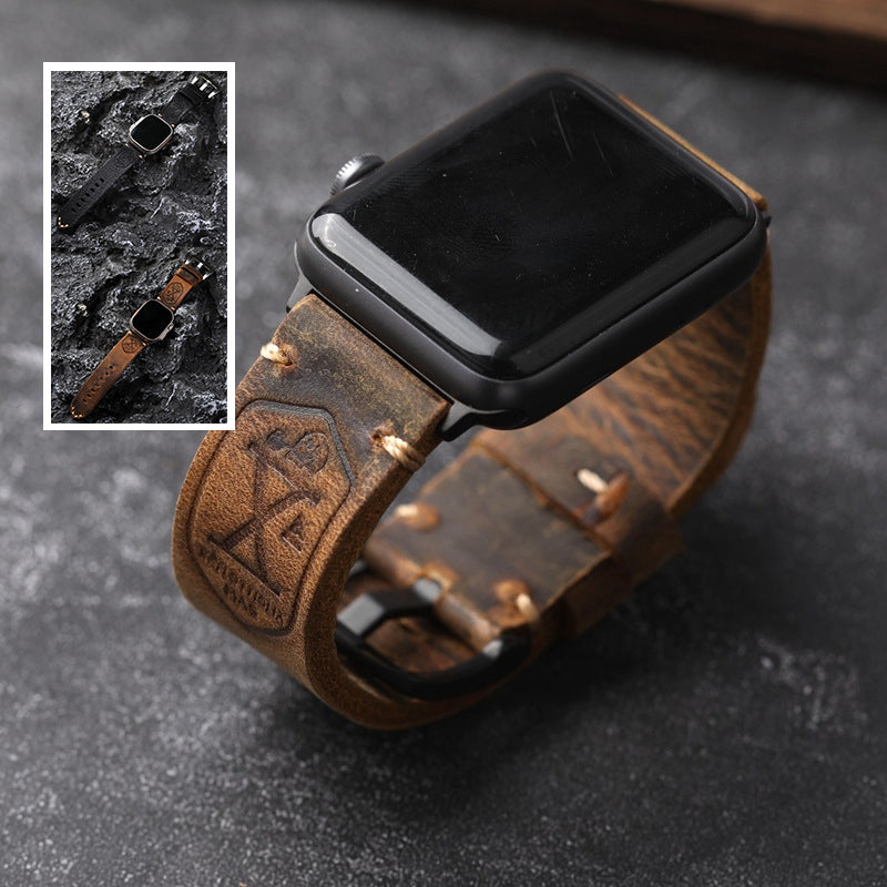 Vintage Leren Horlogeband voor Apple Watch met Handgestikte Naden en Volledig Narfleder Afwerking | Verstelbare Bandje 40-49mm voor Authentieke Retro Look Patina Ontwikkeling | Sansoti