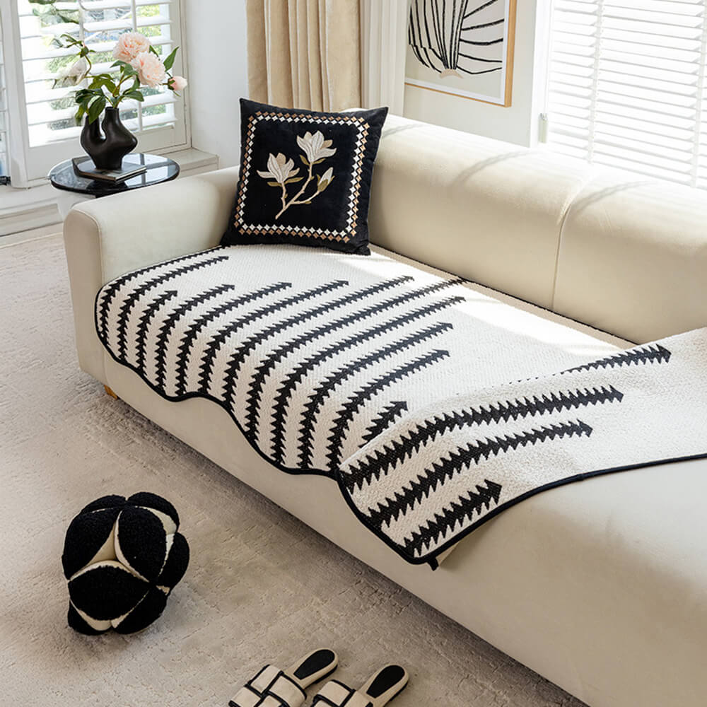 Chenille Bankhoes Golvende Rand Chevron Strepen Eendelig Sofabeschermer Stretch Jacquard Antislip Woonkamer | Sansoti