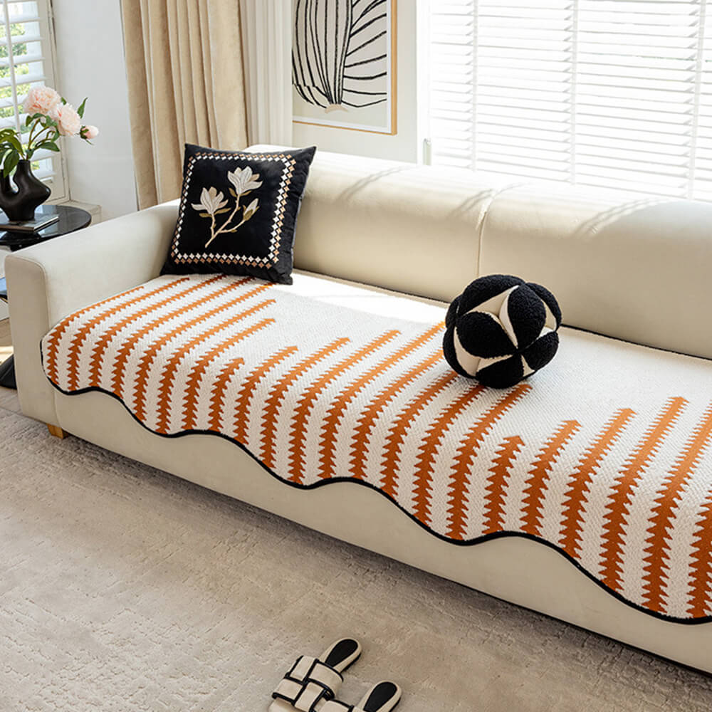 Chenille Bankhoes Golvende Rand Chevron Strepen Eendelig Sofabeschermer Stretch Jacquard Antislip Woonkamer | Sansoti