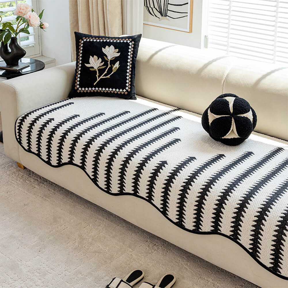 Chenille Bankhoes Golvende Rand Chevron Strepen Eendelig Sofabeschermer Stretch Jacquard Antislip Woonkamer | Sansoti