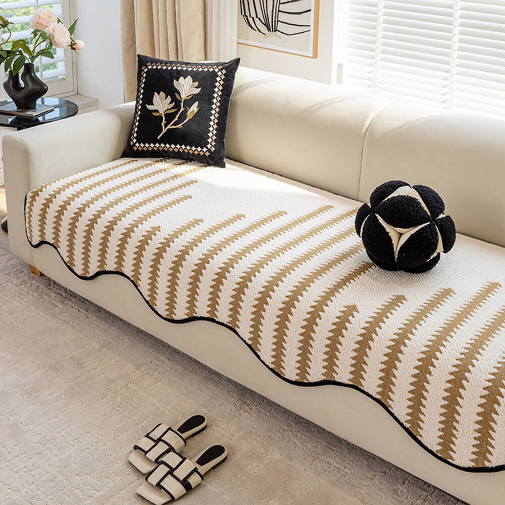 Chenille Bankhoes Golvende Rand Chevron Strepen Eendelig Sofabeschermer Stretch Jacquard Antislip Woonkamer | Sansoti