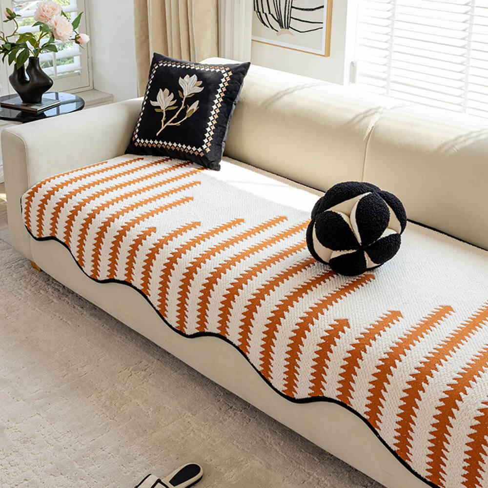 Chenille Bankhoes Golvende Rand Chevron Strepen Eendelig Sofabeschermer Stretch Jacquard Antislip Woonkamer | Sansoti