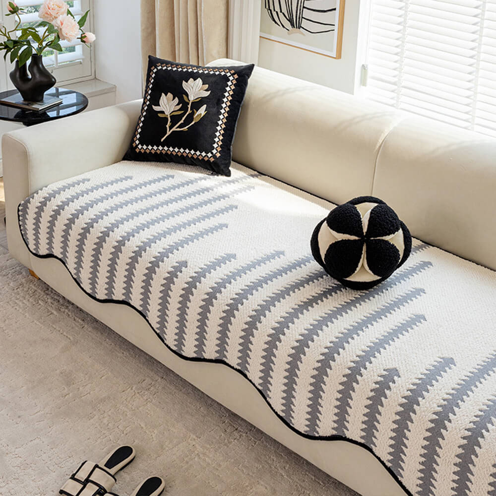 Chenille Bankhoes Golvende Rand Chevron Strepen Eendelig Sofabeschermer Stretch Jacquard Antislip Woonkamer | Sansoti