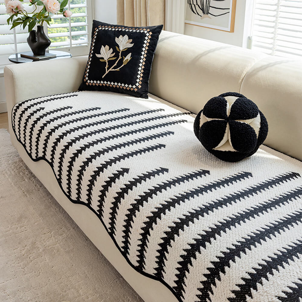 Chenille Bankhoes Golvende Rand Chevron Strepen Eendelig Sofabeschermer Stretch Jacquard Antislip Woonkamer | Sansoti
