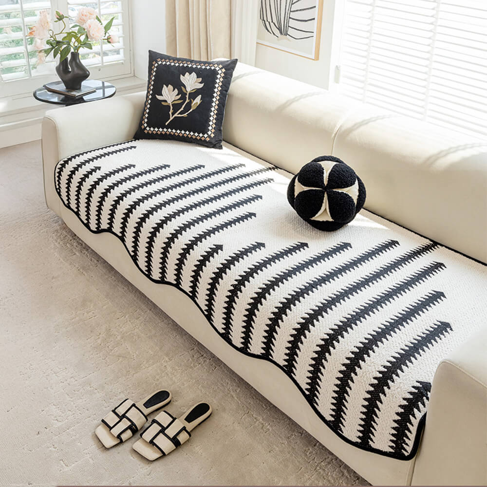 Chenille Bankhoes Golvende Rand Chevron Strepen Eendelig Sofabeschermer Stretch Jacquard Antislip Woonkamer | Sansoti