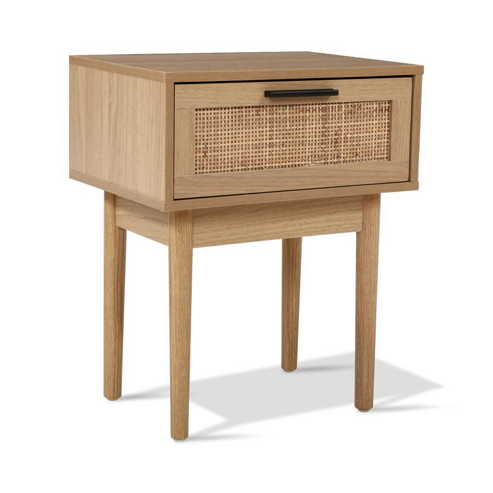 Nachttisch mit Rattanschublade und Holzbeinen – Kompaktes Boho-Design 40 cm | Restfield