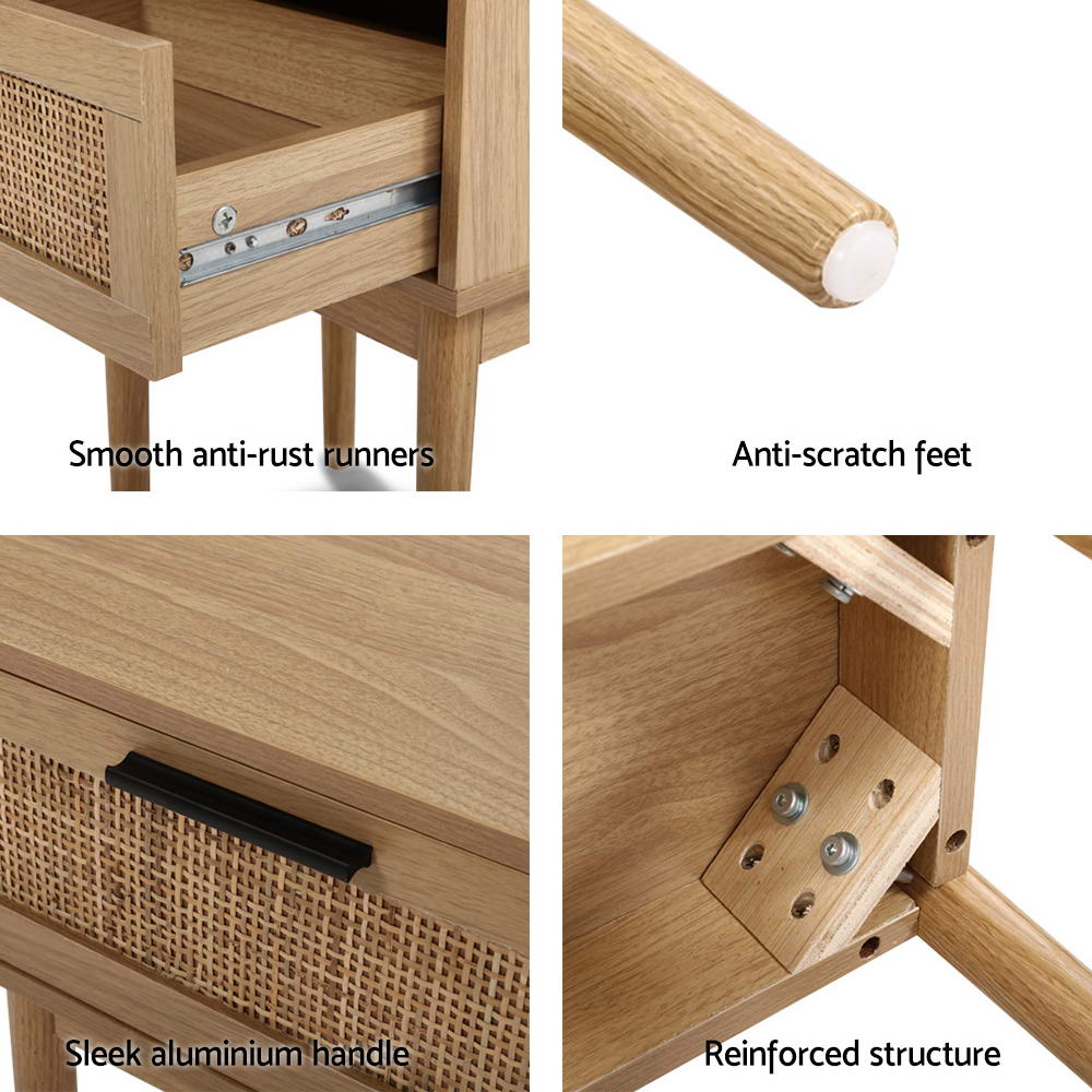 Nachttisch mit Rattanschublade und Holzbeinen – Kompaktes Boho-Design 40 cm | Restfield