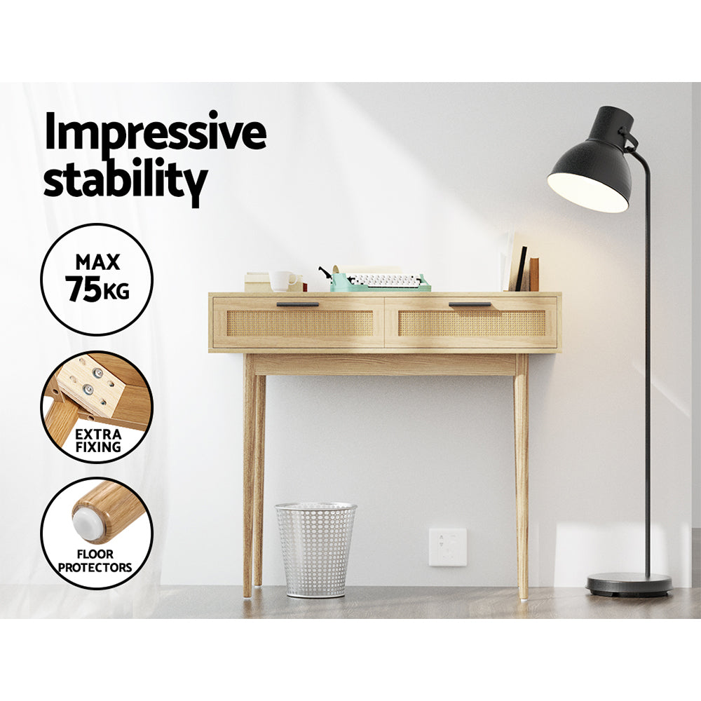 Console Tafel met Rotan Lades en Massief Houten Poten – Boho Haltafel 90 cm | Sansoti