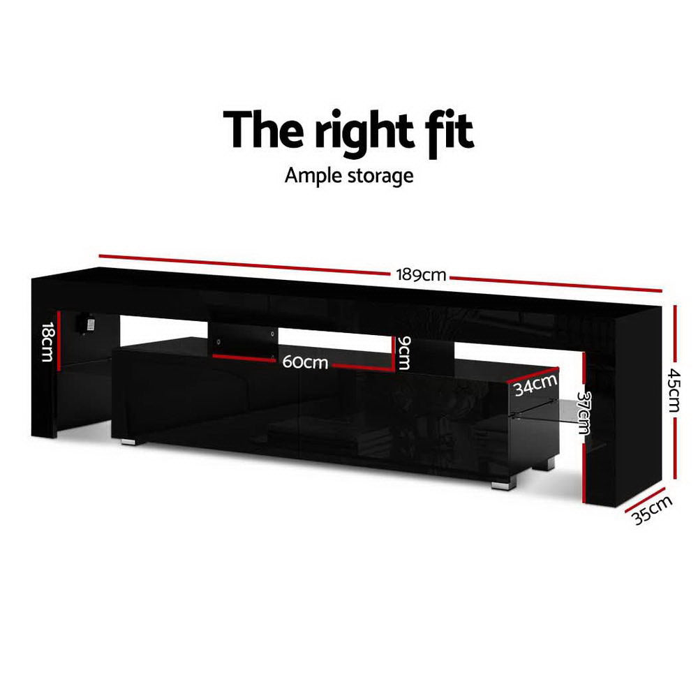 Meuble TV moderne avec éclairage LED RGB 189 cm – Unité de divertissement noire laquée avec tiroirs et étagère en verre | Restfield