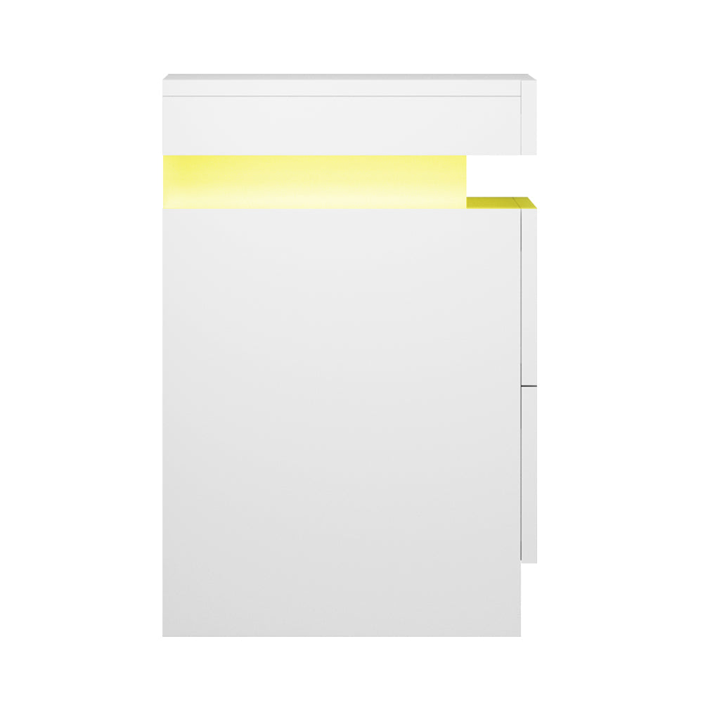 Modernes LED-Nachttisch mit 2 Schubladen und aufklappbarem Staufach – Weiß Hochglanz 45 cm | Restfield