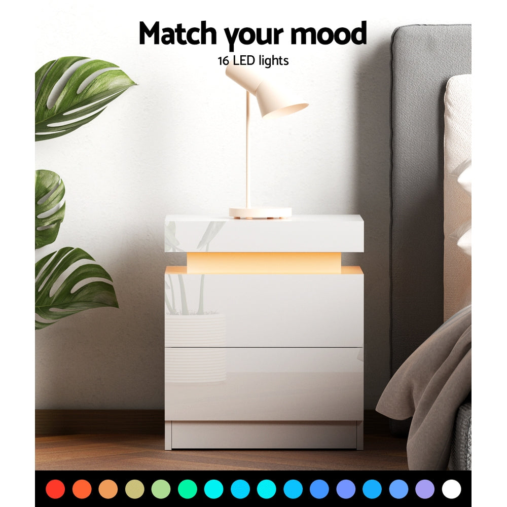 Modernes LED-Nachttisch mit 2 Schubladen und aufklappbarem Staufach – Weiß Hochglanz 45 cm | Restfield