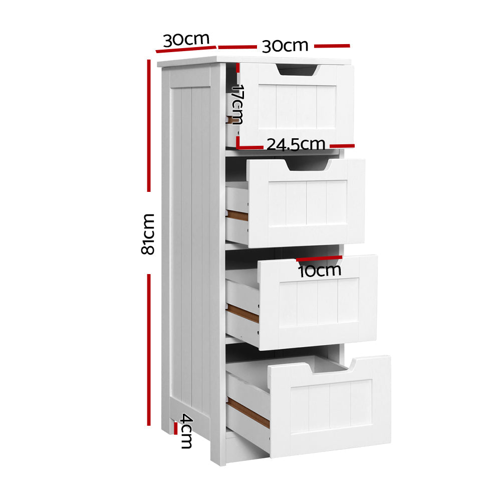 Commode étroite blanche avec 4 tiroirs – Meuble de rangement campagne en MDF 81 cm | Restfield